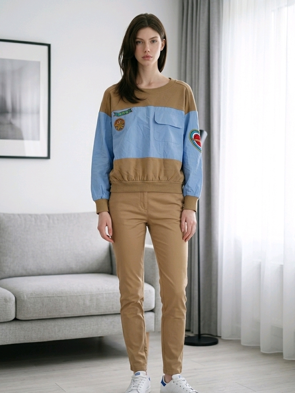 Casual Two-Tone Pullover Sweatshirt - Tan & Sky Blue